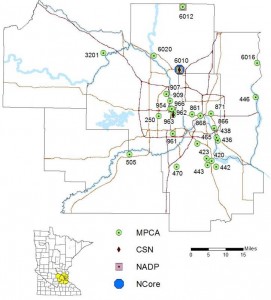 MPCA oil refinery air quality monitor locations in the Twin Cities metro area